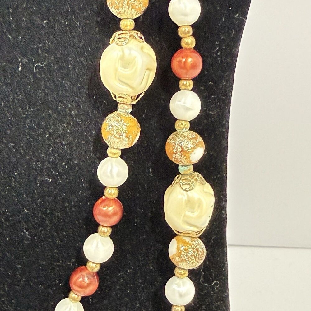 Vintage CORO Signed Faux Pearl Beaded Long Layering Necklace Cream Brown Gold - Picture 7 of 16